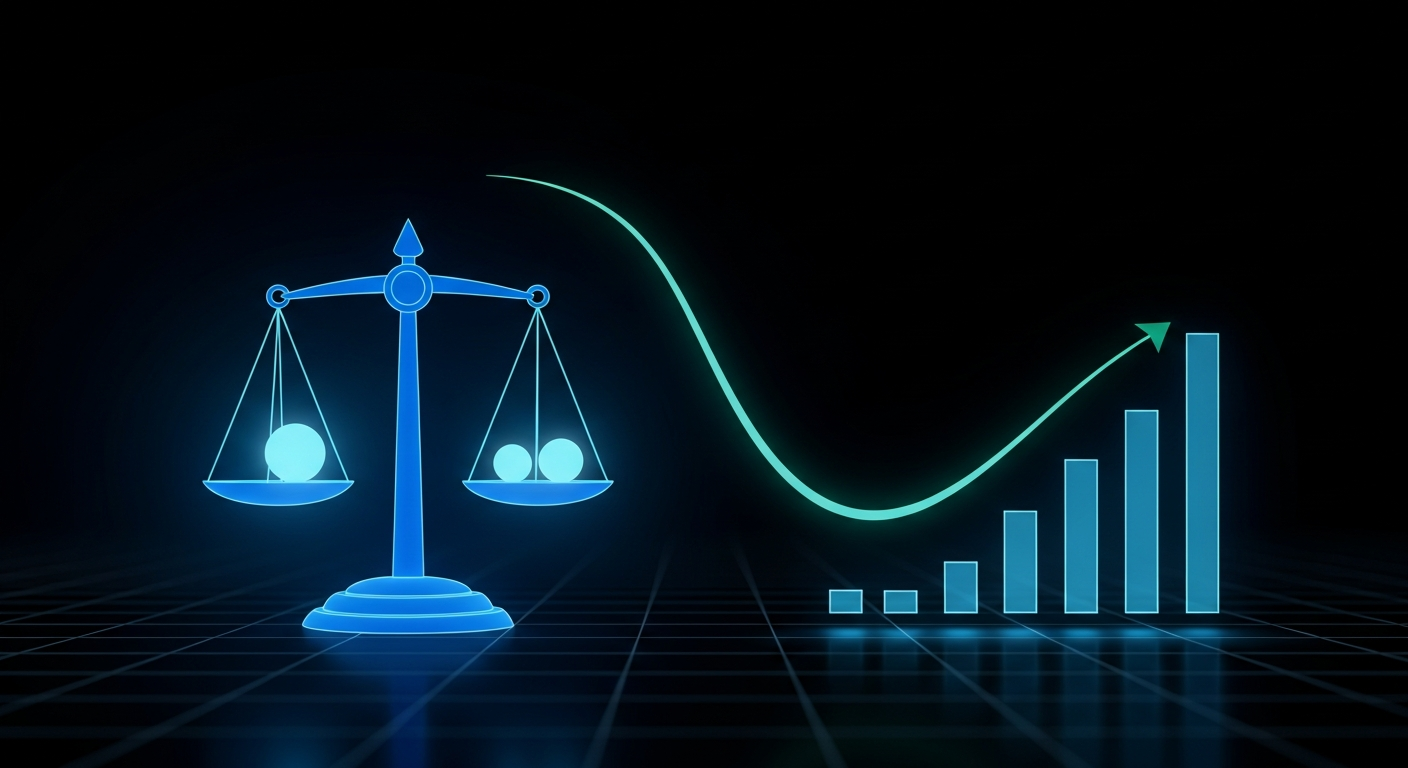 A luminous balance scale weighing two orbs beside a decaying discount curve and receding value bars, representing discounted cash flow valuation.