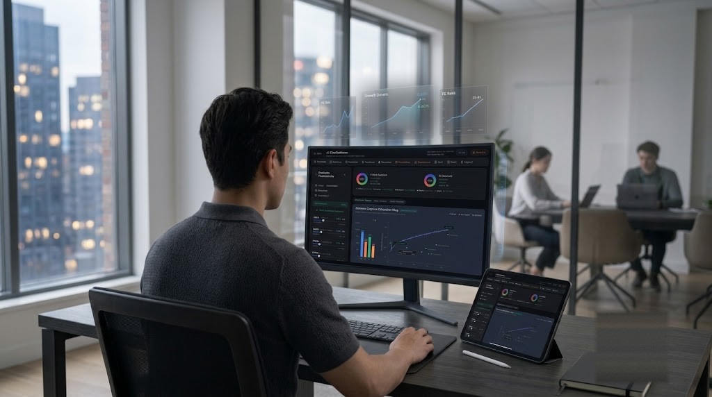 An analyst studying the ClearGuidance valuation terminal on a large monitor and tablet in a modern office, with DCF price charts and growth-driver graphs on screen
