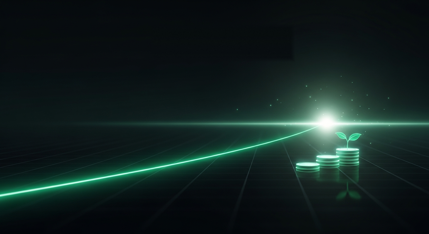 A glowing emerald path rising toward a bright horizon with a sprouting seedling and stacked coins, representing the foundations of investing.