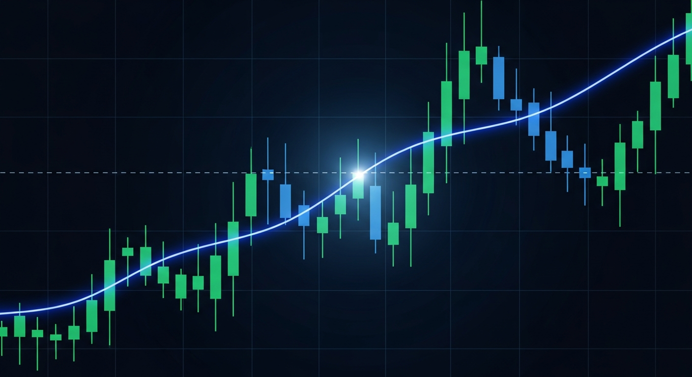 A glowing candlestick price chart with a smooth trend line sweeping upward, representing reading market charts.