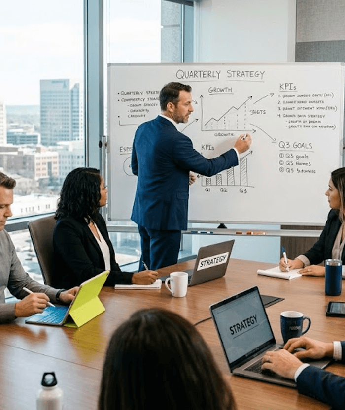 Advisory team reviewing a quarterly growth strategy on a whiteboard in a high-rise conference room